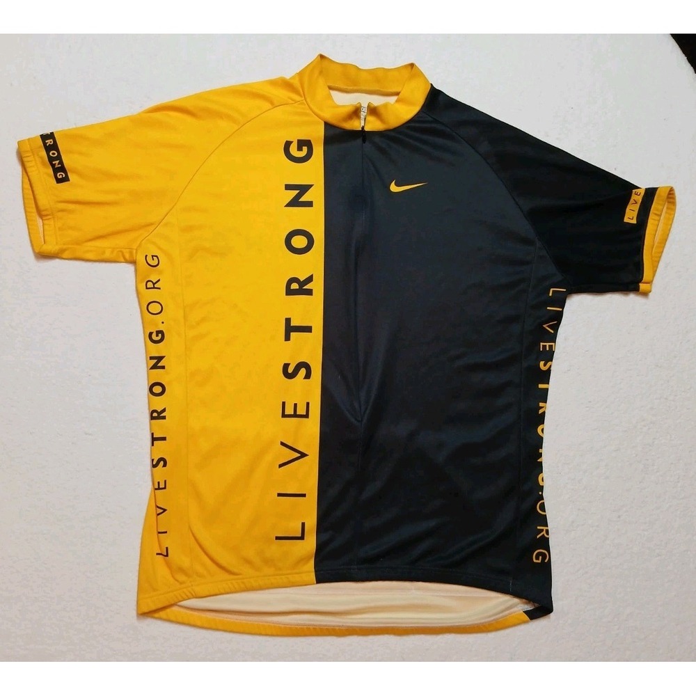 VTG Nike Livestrong Cycling Jersey Mens XXL Black Yellow Made In Italy 3/4 Zip